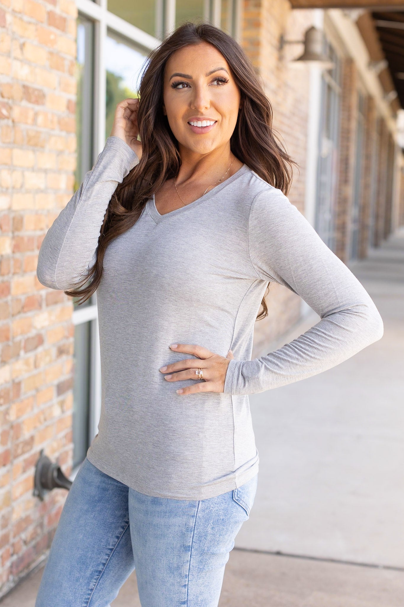 Larissa Long Sleeve - Light Grey | Women's V-Neck Top