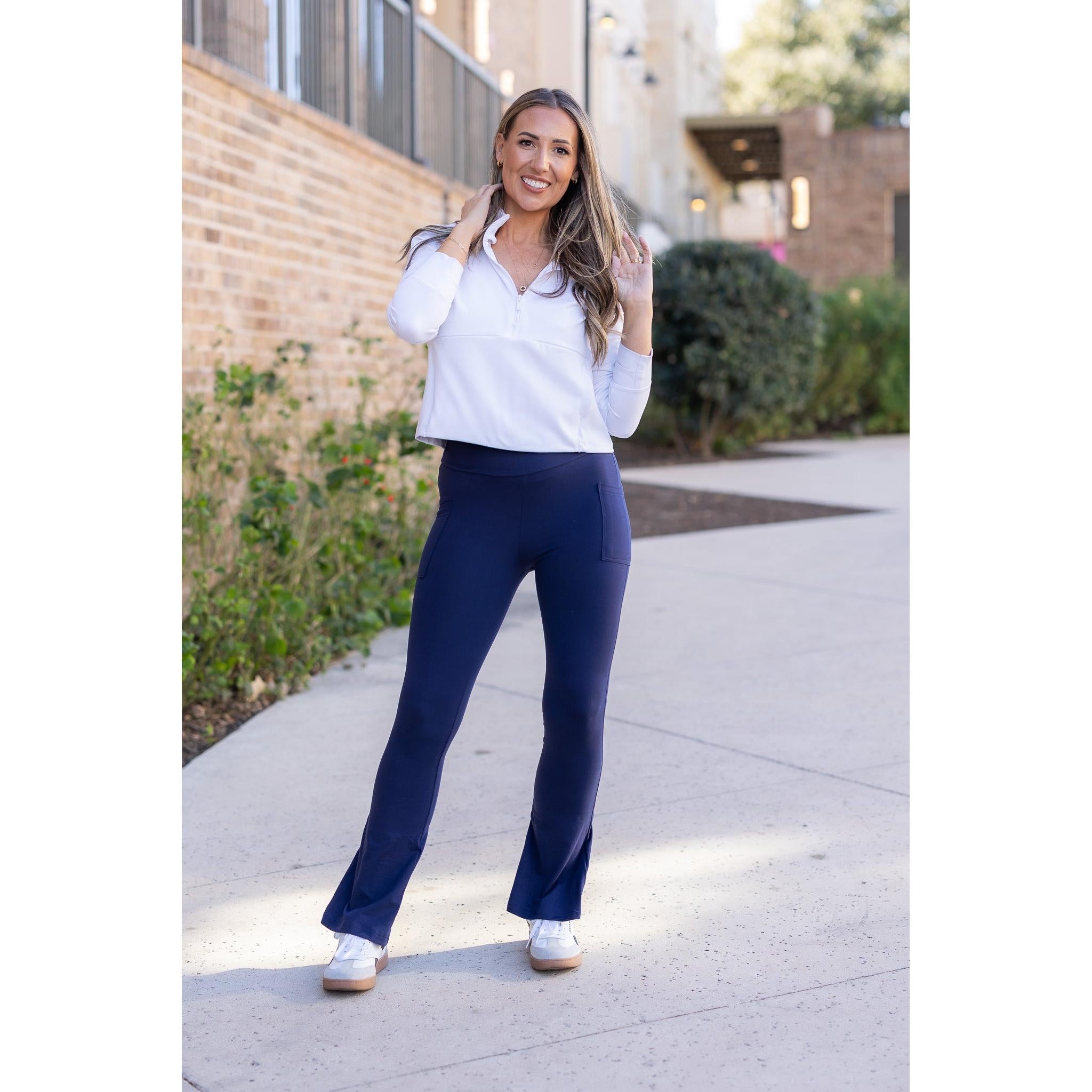 “Julia Rose Navy Flare Lounge Pants with pockets and soft stretch fabric