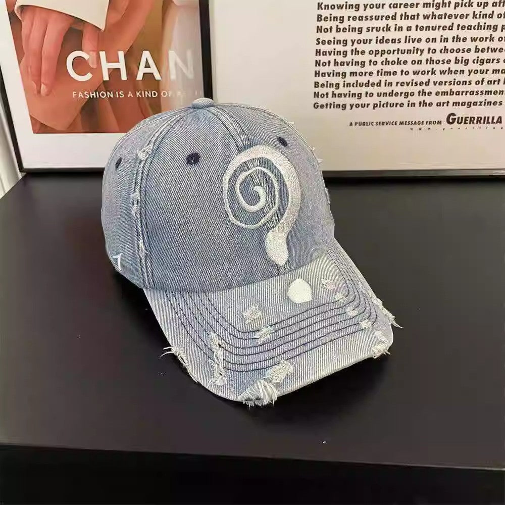 Question Mark Denim Print Washed Baseball Cap