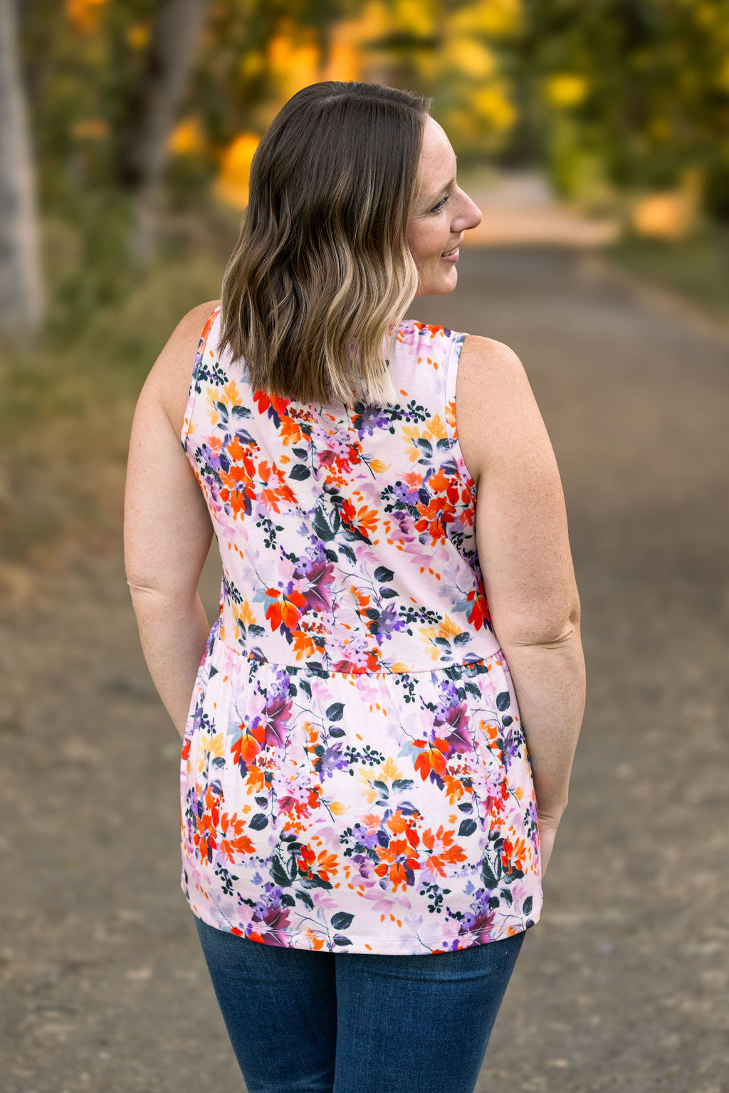 Renee Ruffle Tank - Fall Floral Leaves