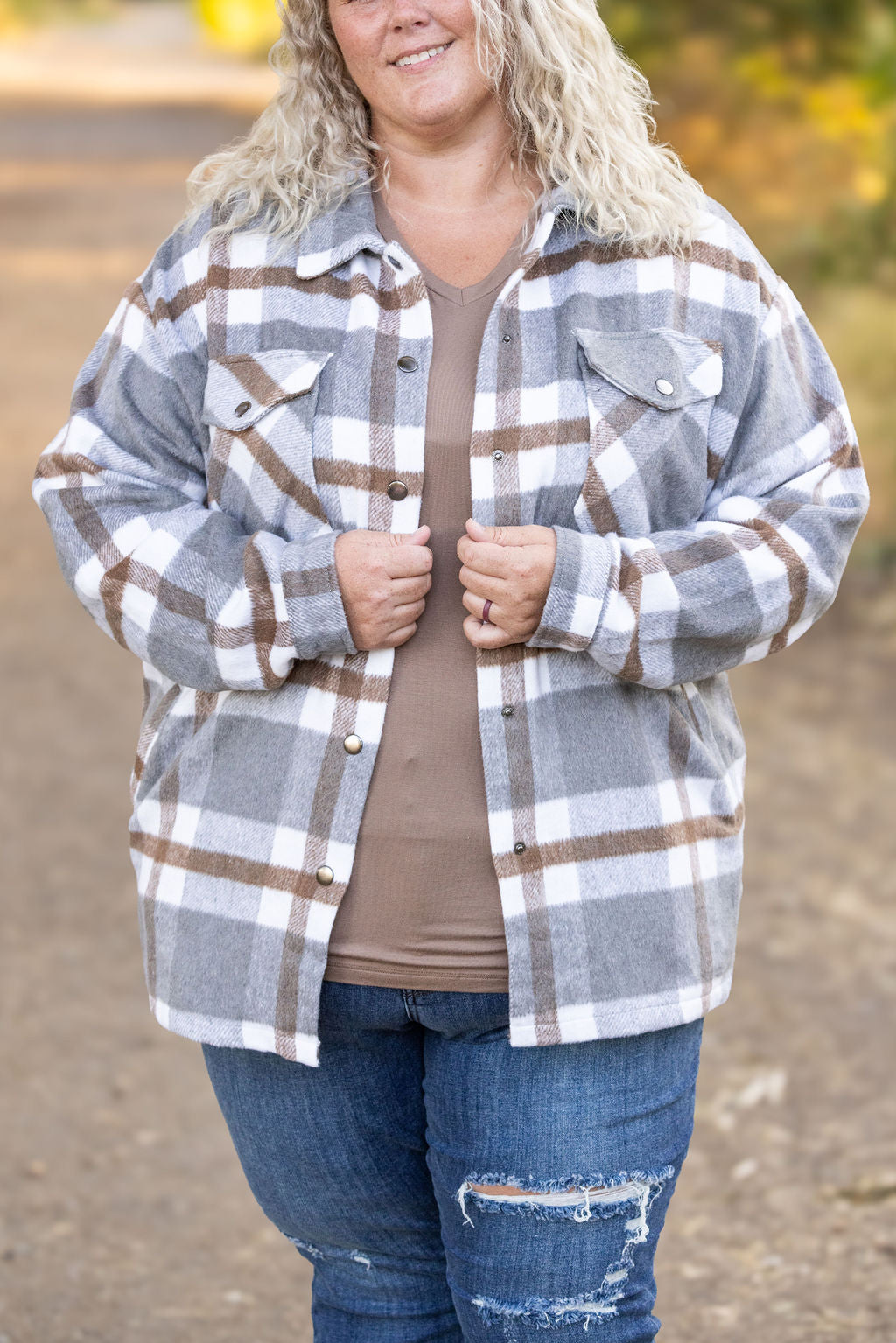 Norah Plaid Shacket - Grey and Tan