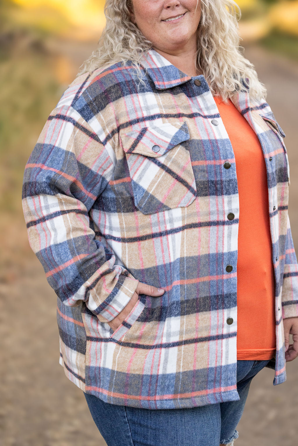 Norah Plaid Shacket - Tan and Blue