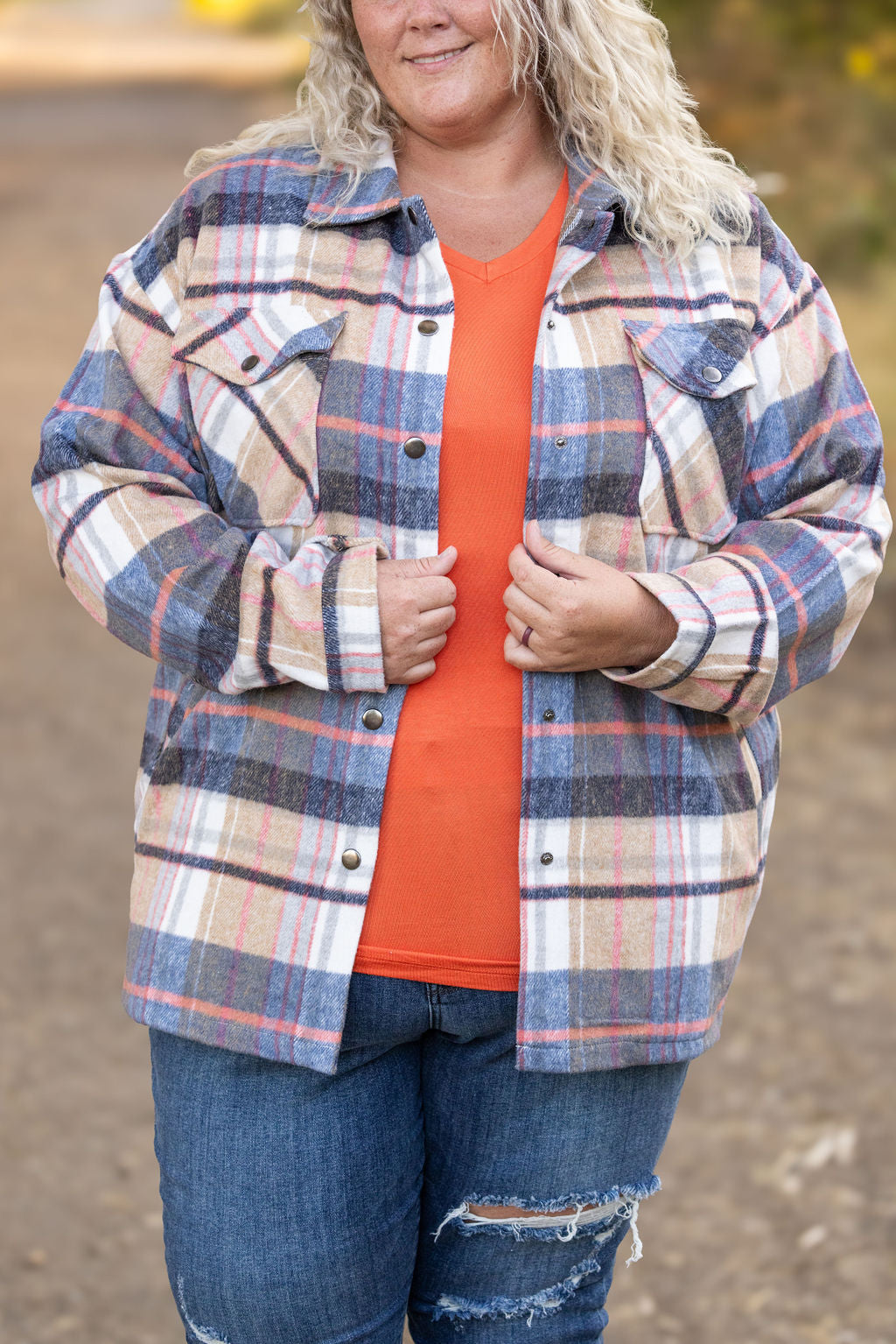 Norah Plaid Shacket - Tan and Blue