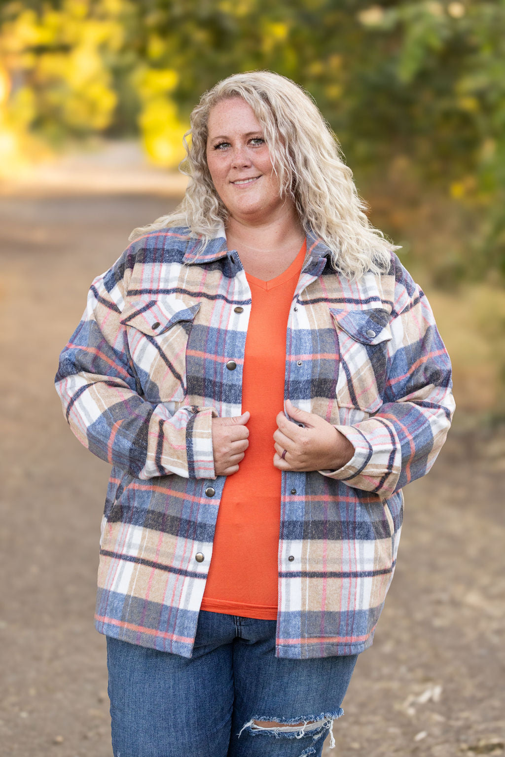 Norah Plaid Shacket - Tan and Blue