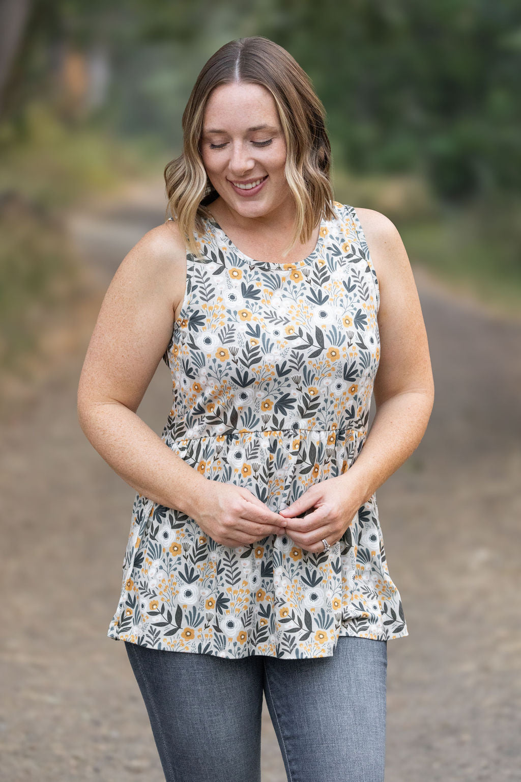 Renee Ruffle Tank - Boho Olive Floral