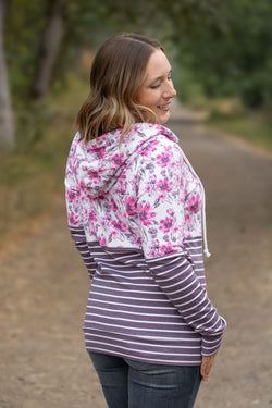 Hailey Pullover Hoodie - Pink Floral and Stripes