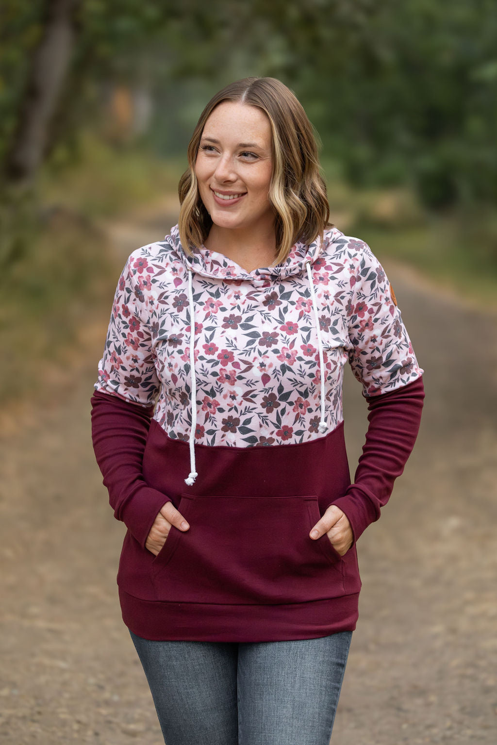 Hailey Pullover Hoodie - Red Floral and Burgundy