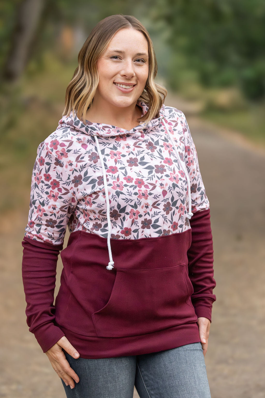 Hailey Pullover Hoodie - Red Floral and Burgundy