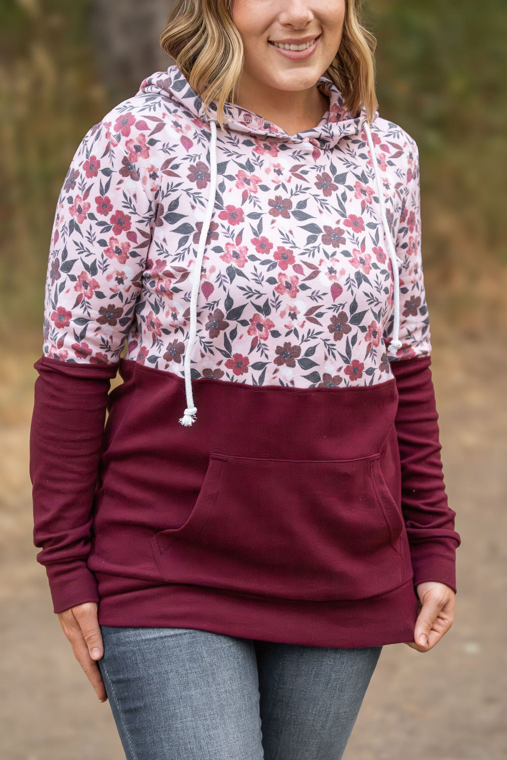 Hailey Pullover Hoodie - Red Floral and Burgundy