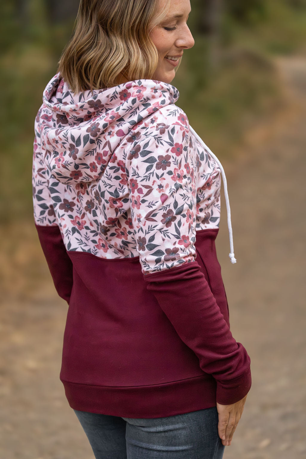 Hailey Pullover Hoodie - Red Floral and Burgundy