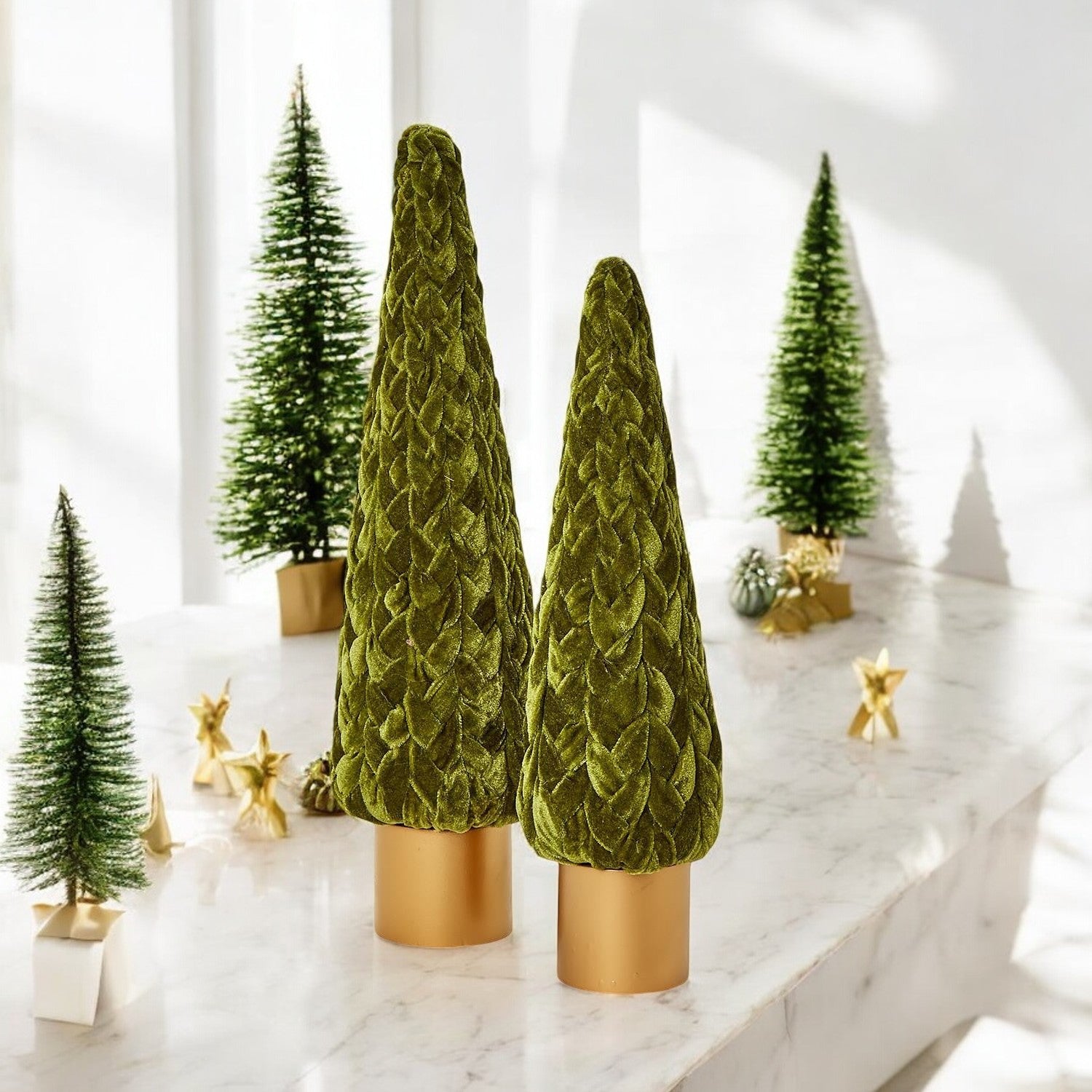 Green Velvet Christmas Tree Decorations. 
Luxurious Holiday Decor – Large Velvet Christmas Trees with Gold Base Accent
Timeless Velvet Christmas Trees – Premium Artificial Decor for Christmas Mantles