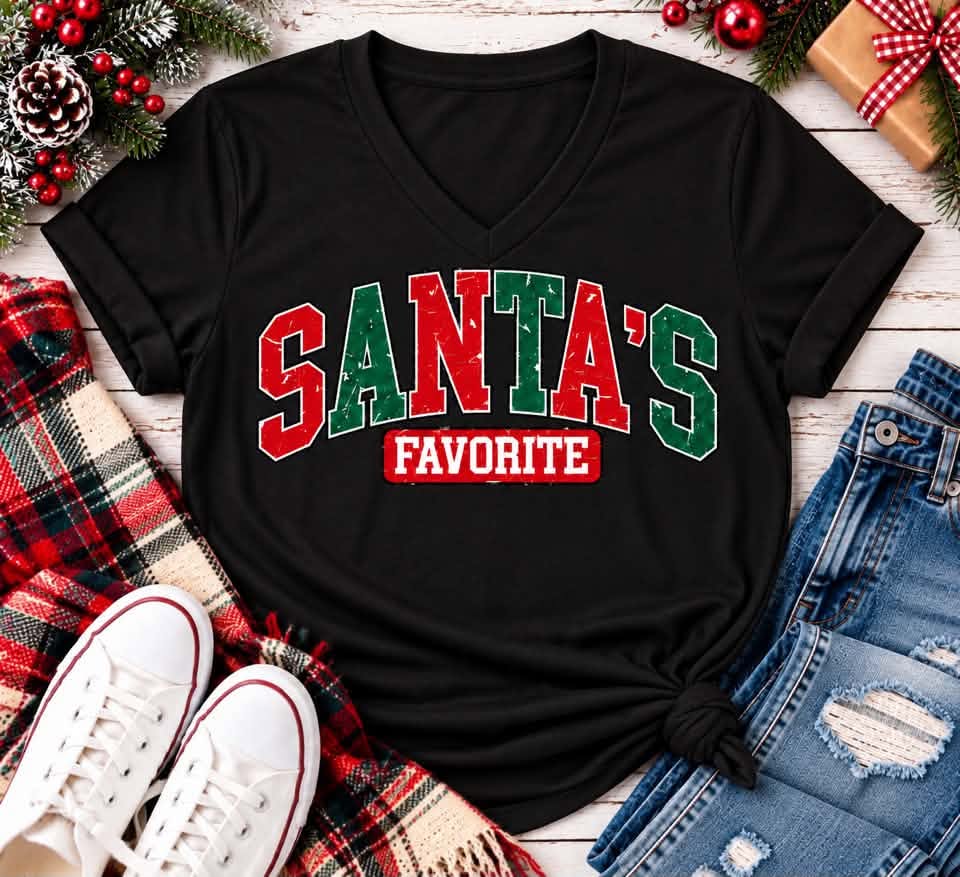 Black Santa's Favorite Christmas V-neck t-shirt with vintage distressed red and green varsity lettering, festive holiday graphic apparel.