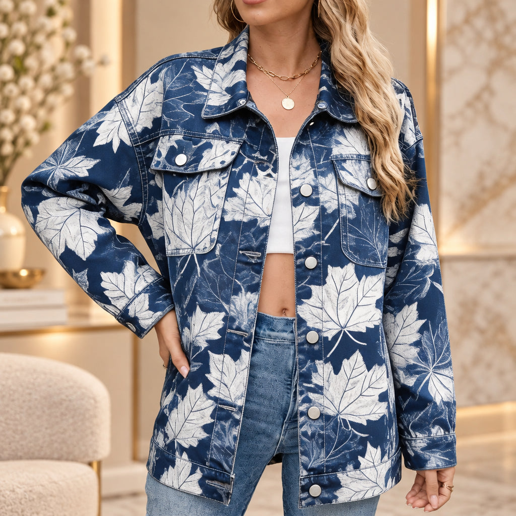Women's Botanical Print Drop-Shoulder Denim Jacket