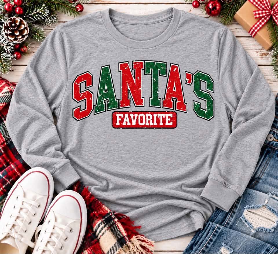 Grey Santa's Favorite Christmas long sleeve crewneck shirt with vintage distressed red and green varsity lettering, festive holiday graphic apparel.