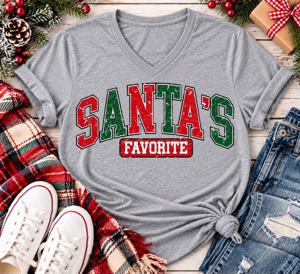 Grey Santa's Favorite Christmas V-neck t-shirt with vintage distressed red and green varsity lettering, festive holiday graphic apparel.