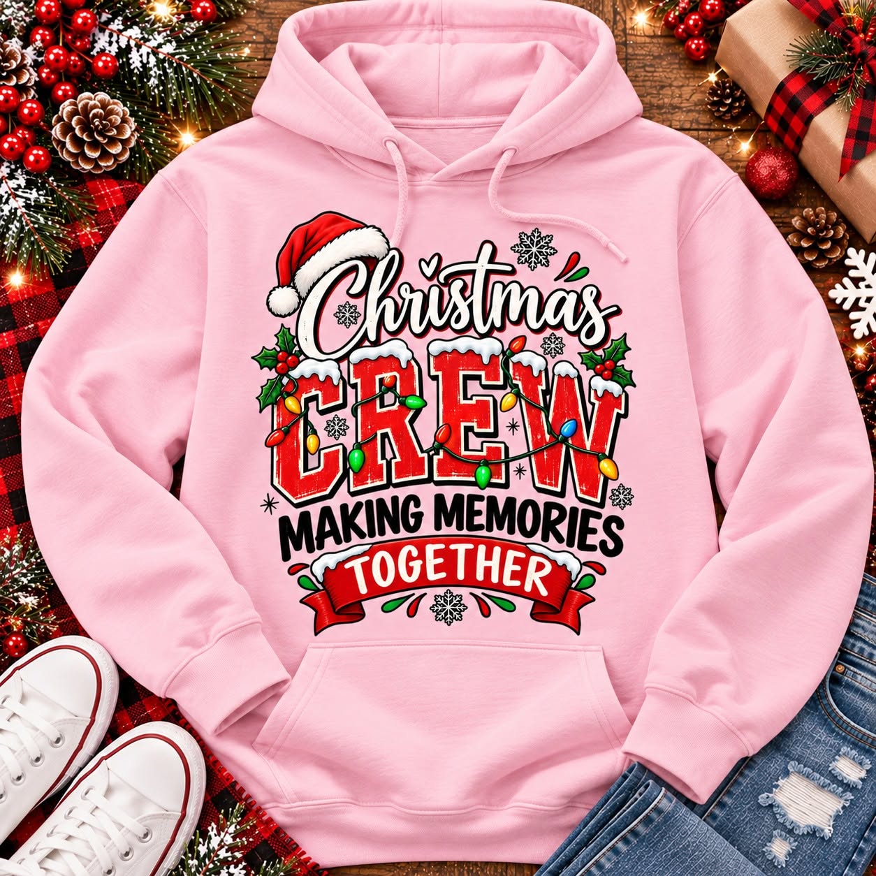 Christmas Crew Making Memories Together graphic on a pink crewneck T-shirt, featuring red lettering, colorful Christmas lights, a Santa hat, holly, and snowflakes.