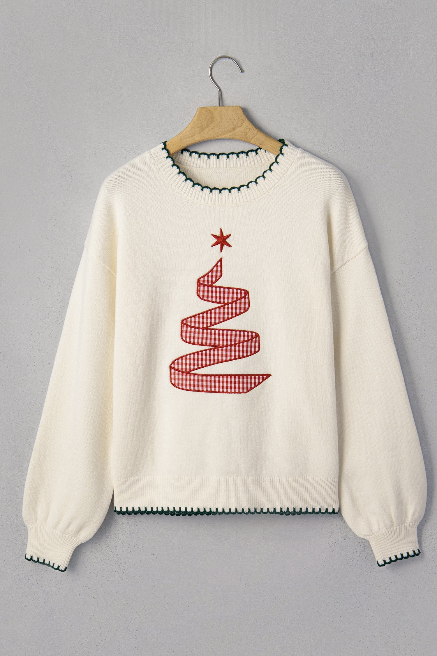 Gingham Christmas Tree Contrast Stitching Sweater