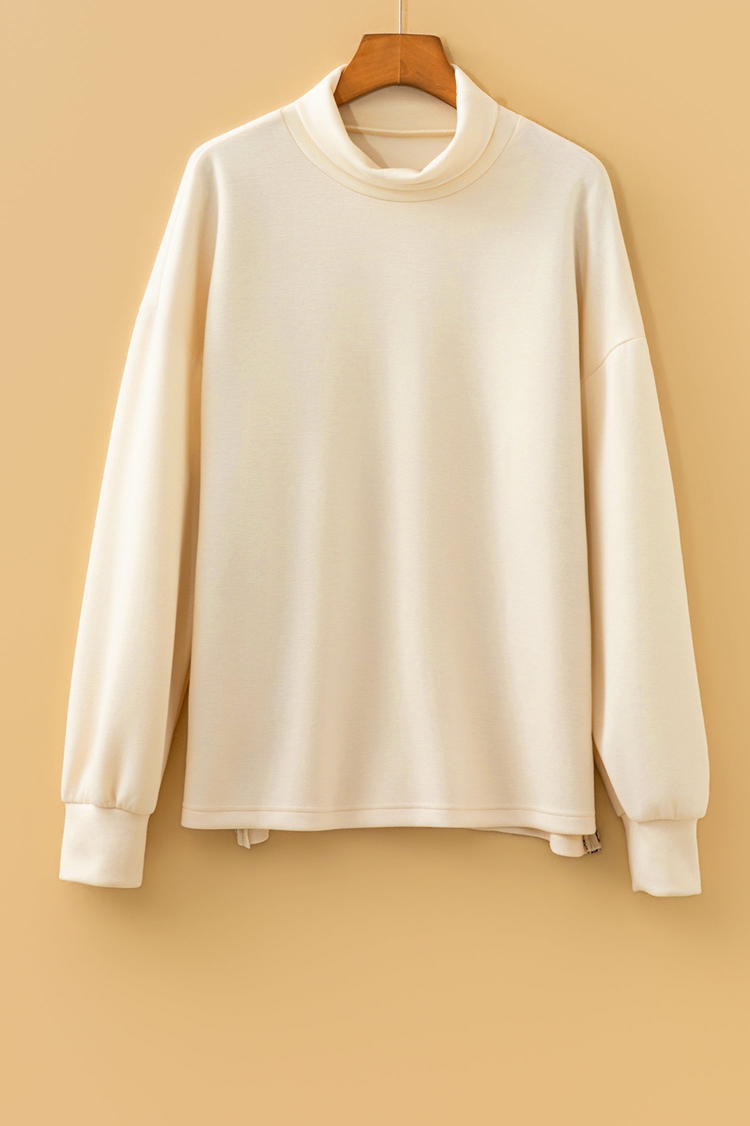 Leopard Trim Split Hem Mock Neck Long Sleeve Top