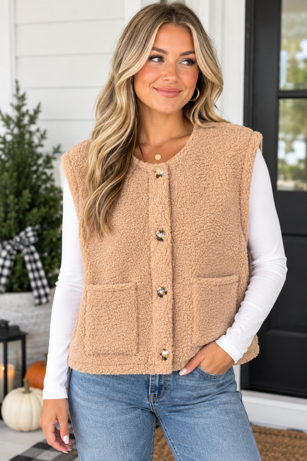 Beige Button Fuzzy Pocket Vest WTW