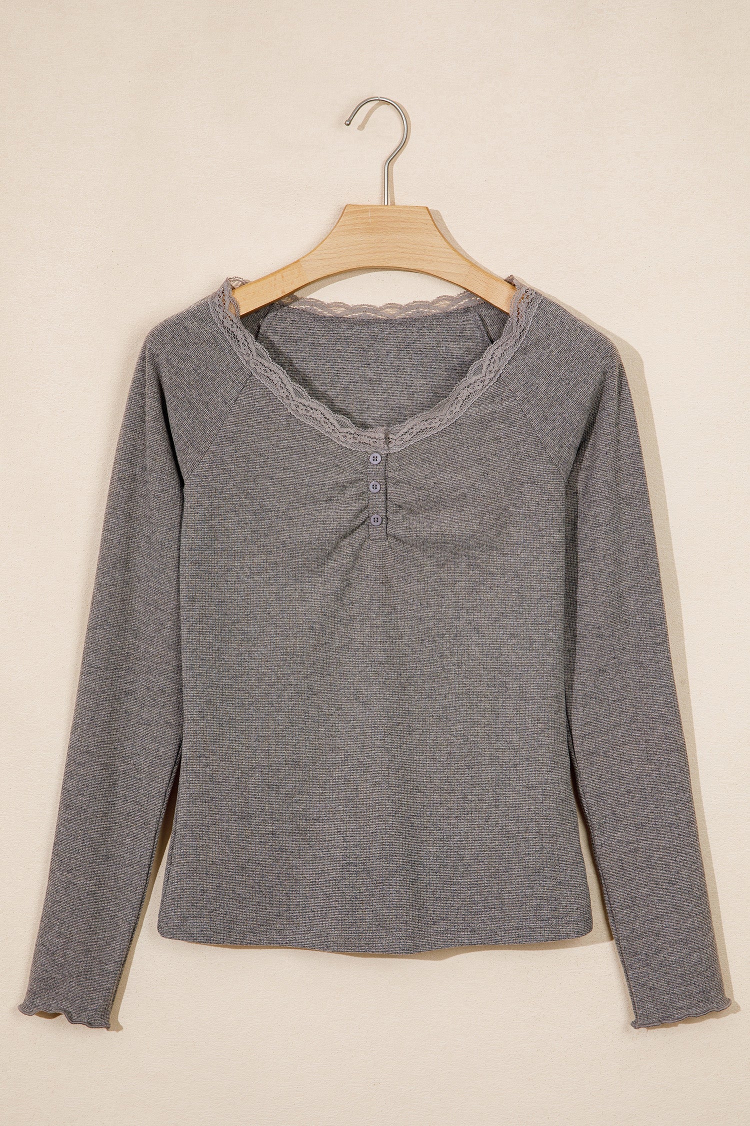 Solid Lace Trim Ribbed Knit Long Sleeve Top