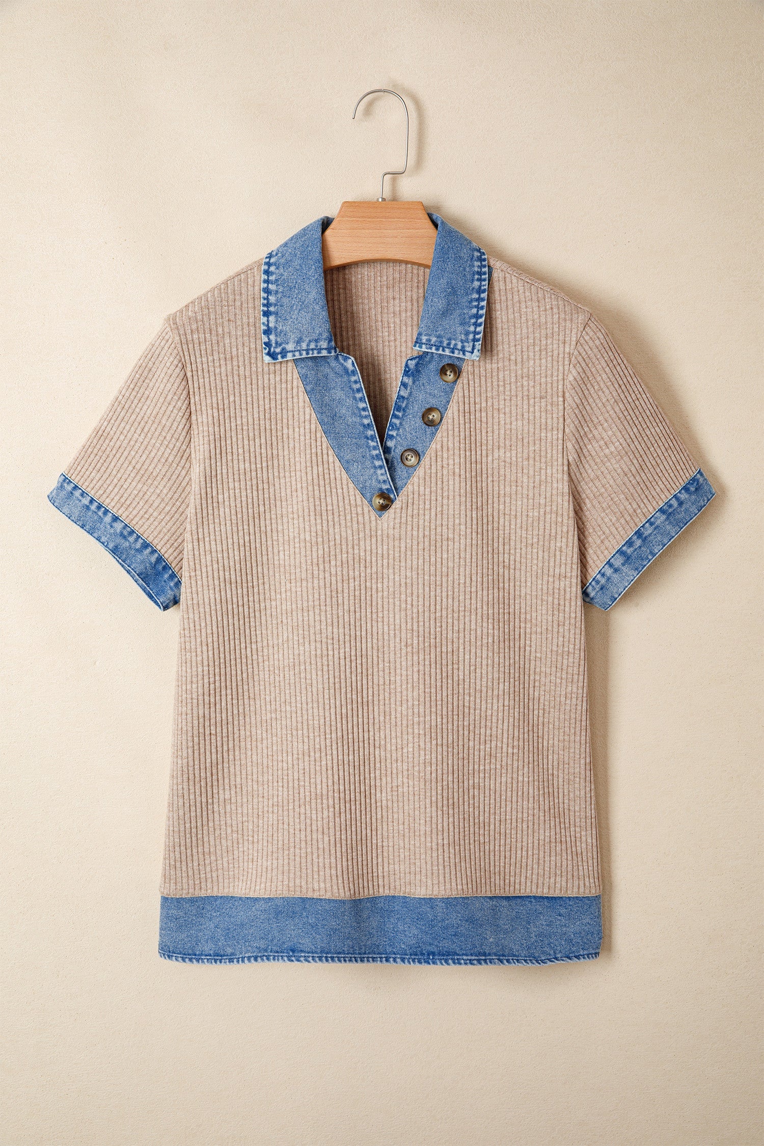 Beige Ribbed Denim Collar Blouse WTW