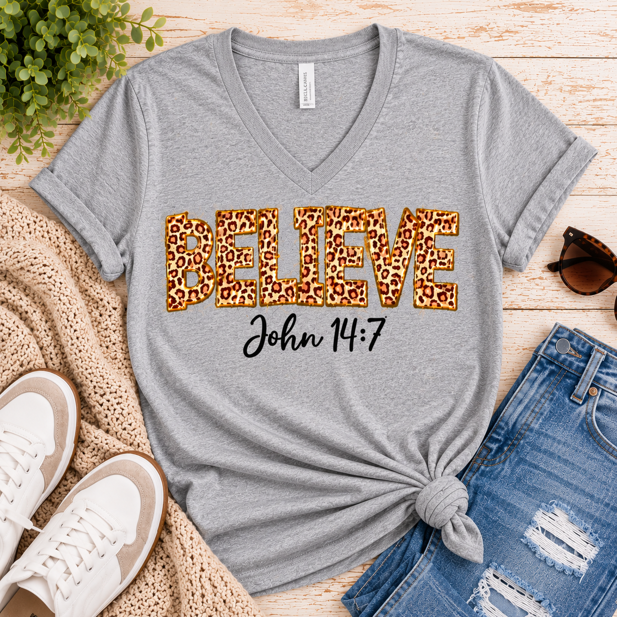 Believe John 14:7  leopard print Christian graphic shirt available in short sleeve crewneck, V-neck, long sleeve and hoodie styles.