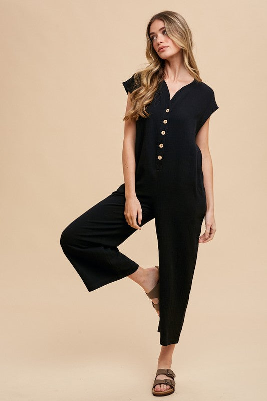 Annie Wear Button Detail Wide Leg Jumpsuit with Pockets