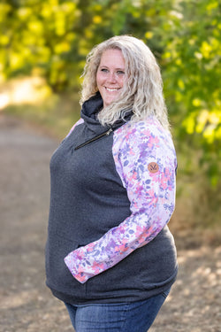 Zoey ZipCowl - Charcoal and Fall Floral Leaves