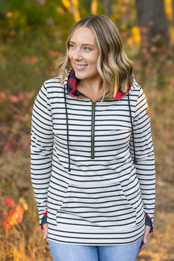 HalfZip Hoodie - Oatmeal Stripes and Buffalo Plaid