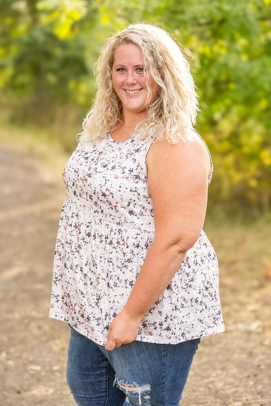 Renee Ruffle Tank - Tan Micro Floral