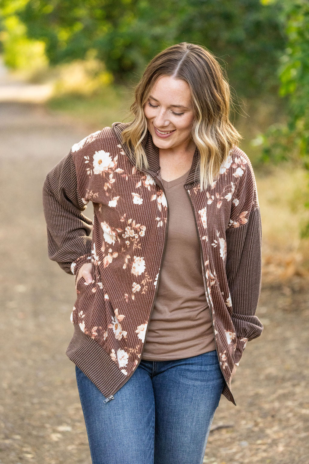 Ramona Ribbed Floral Zip Up - Brown