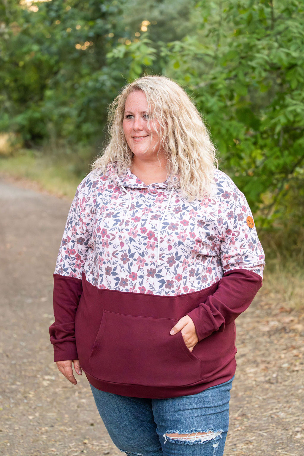 Hailey Pullover Hoodie - Red Floral and Burgundy