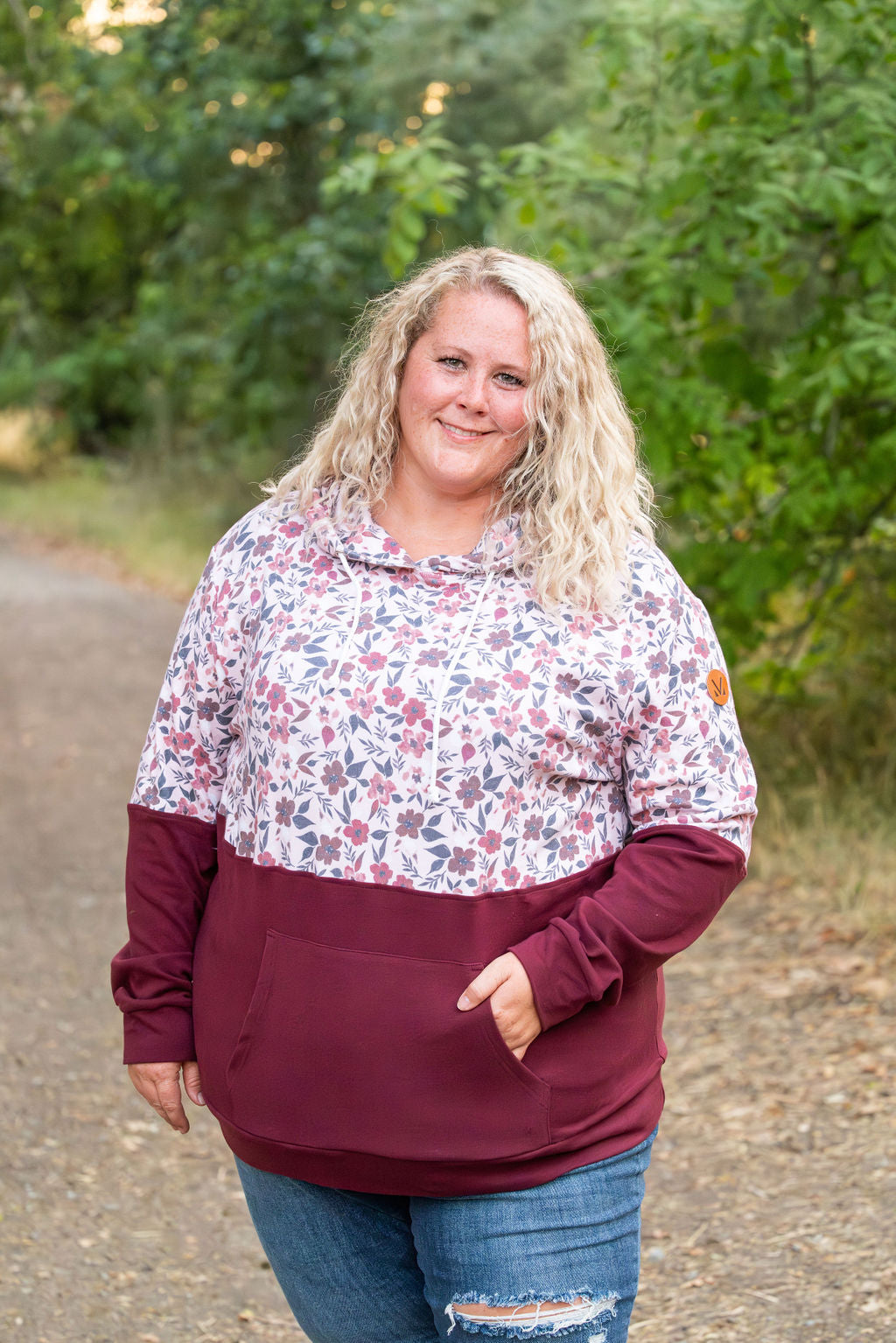 Hailey Pullover Hoodie - Red Floral and Burgundy