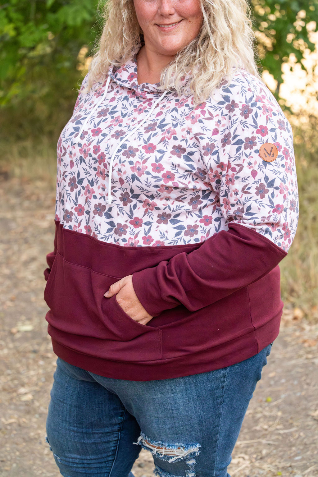 Hailey Pullover Hoodie - Red Floral and Burgundy