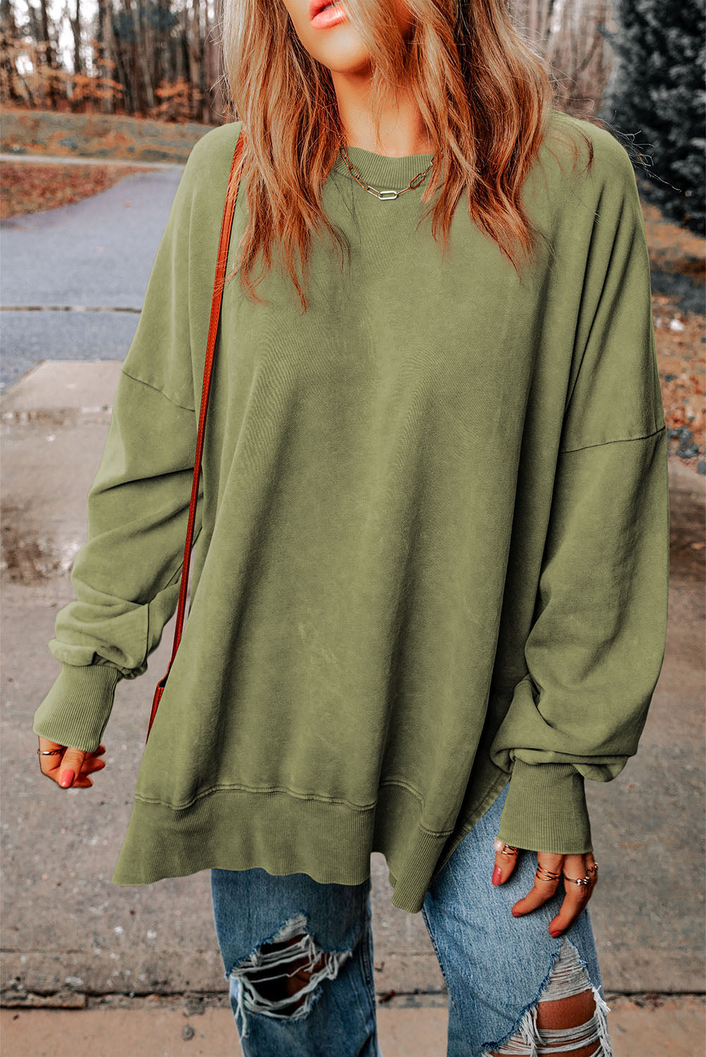 Dropped Shoulder Round Neck Long Sleeve Blouse WTW