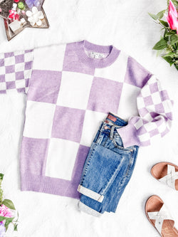 Checkered Pullover Sweater - Lavender