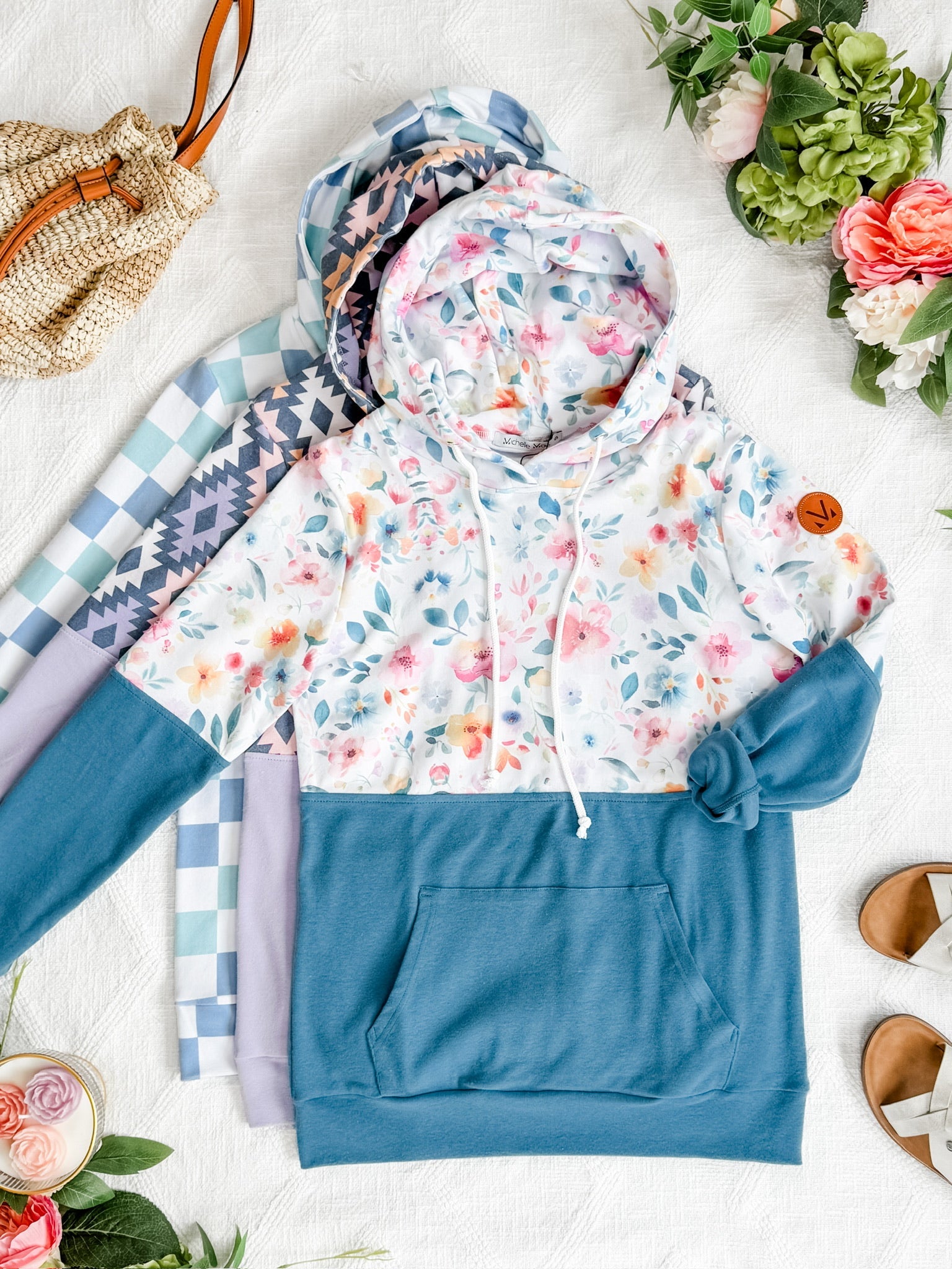 Hailey Pullover Hoodie - Watercolor Floral + Blue