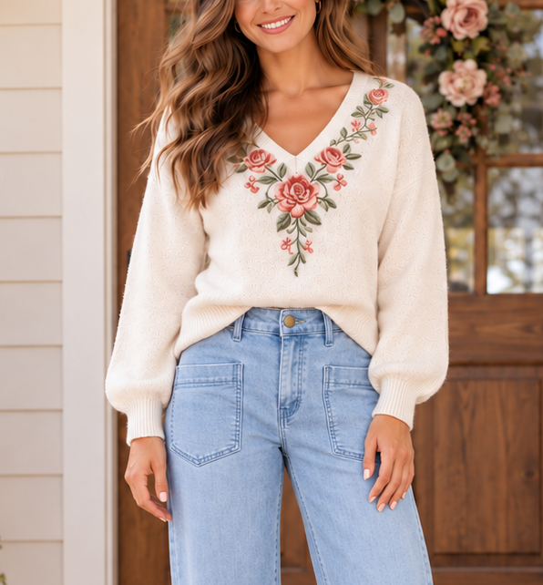 White Floral Embellished Sweater WTW