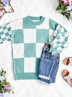 Checkered Pullover Sweater - Dusty Jade