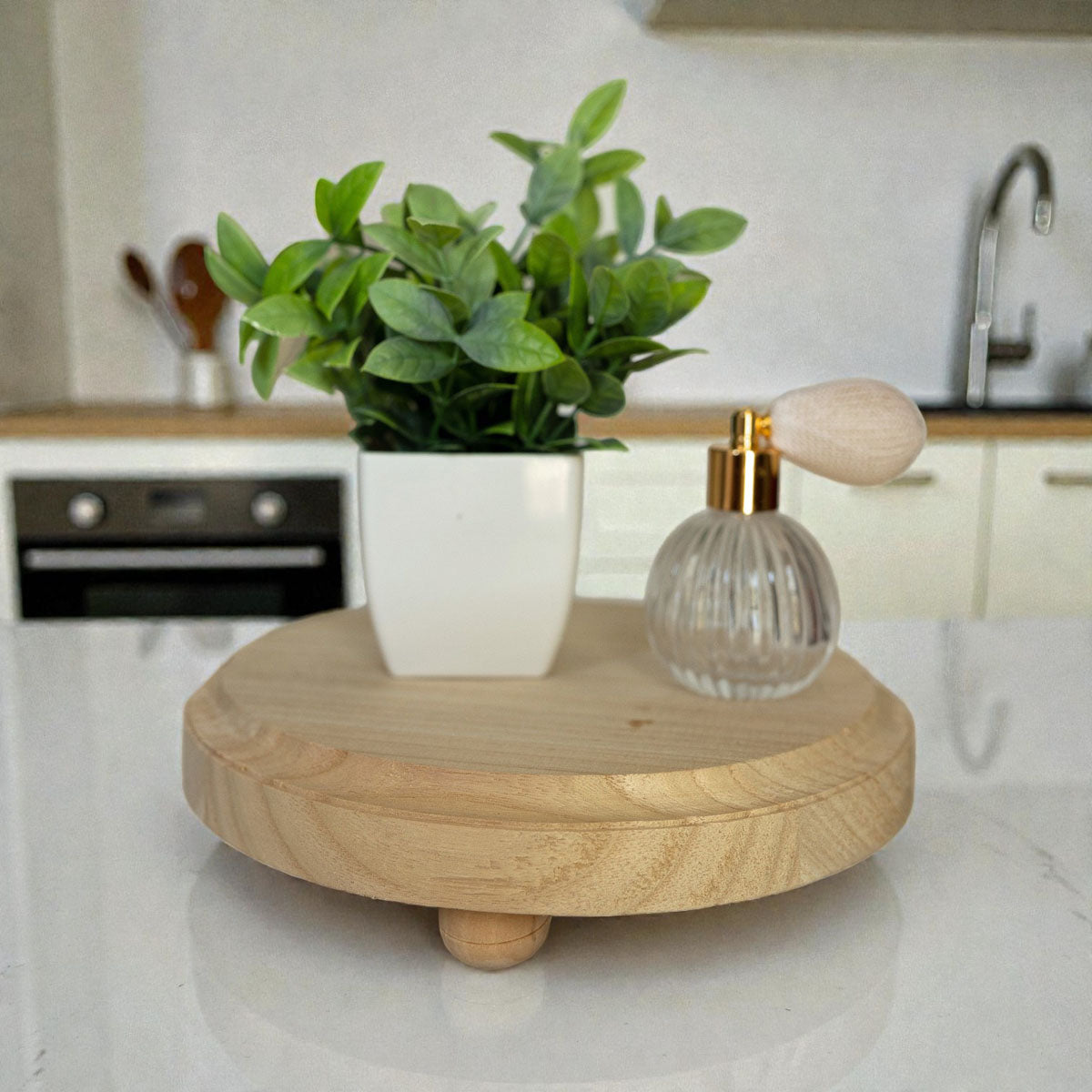 Pedestal Stand
With Feet/Legs
Rustic/Farmhouse
Display Organizer
Handmade Round wooden pedestal tray displaying rings and earrings vanity
Elevated wood tray organizing jewelry on dresser farmhouse style
Rustic raised wooden tray holding gold jewelry bedroom decor