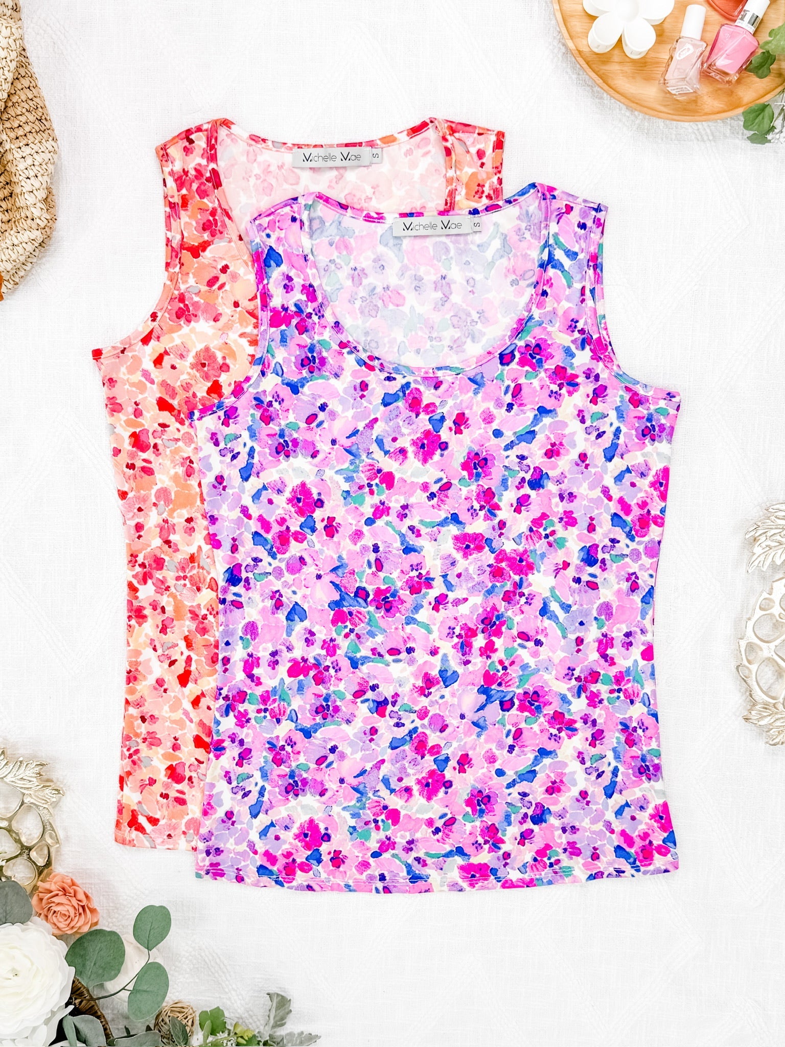 Luxe Crew Tank - Peach Floral Abstract