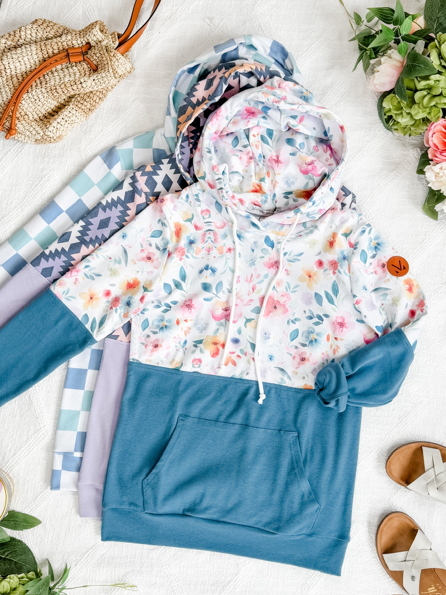 Hailey Pullover Hoodie - Watercolor Floral + Blue