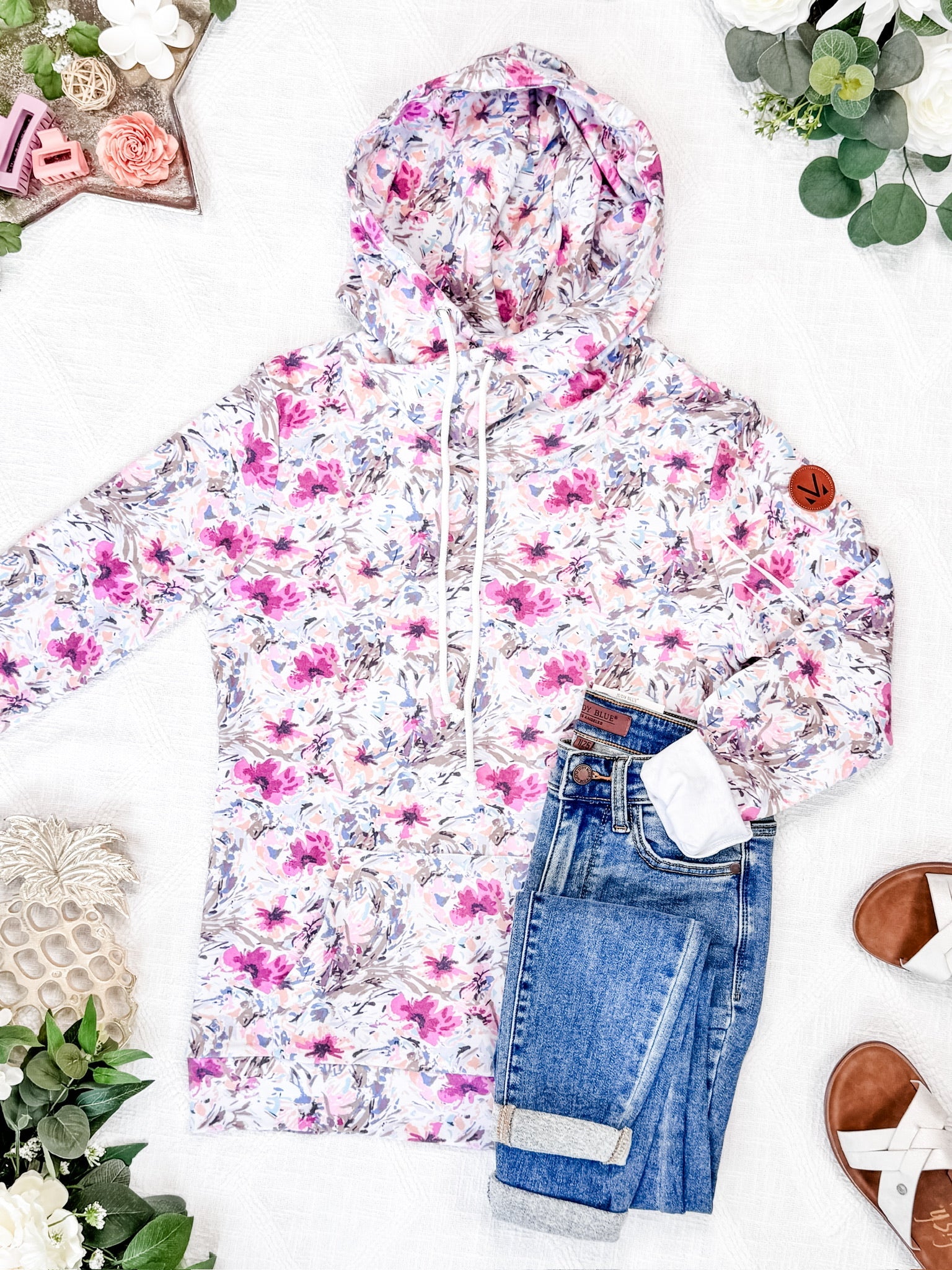 Ashley Hoodie - Pink and Periwinkle Abstract Floral