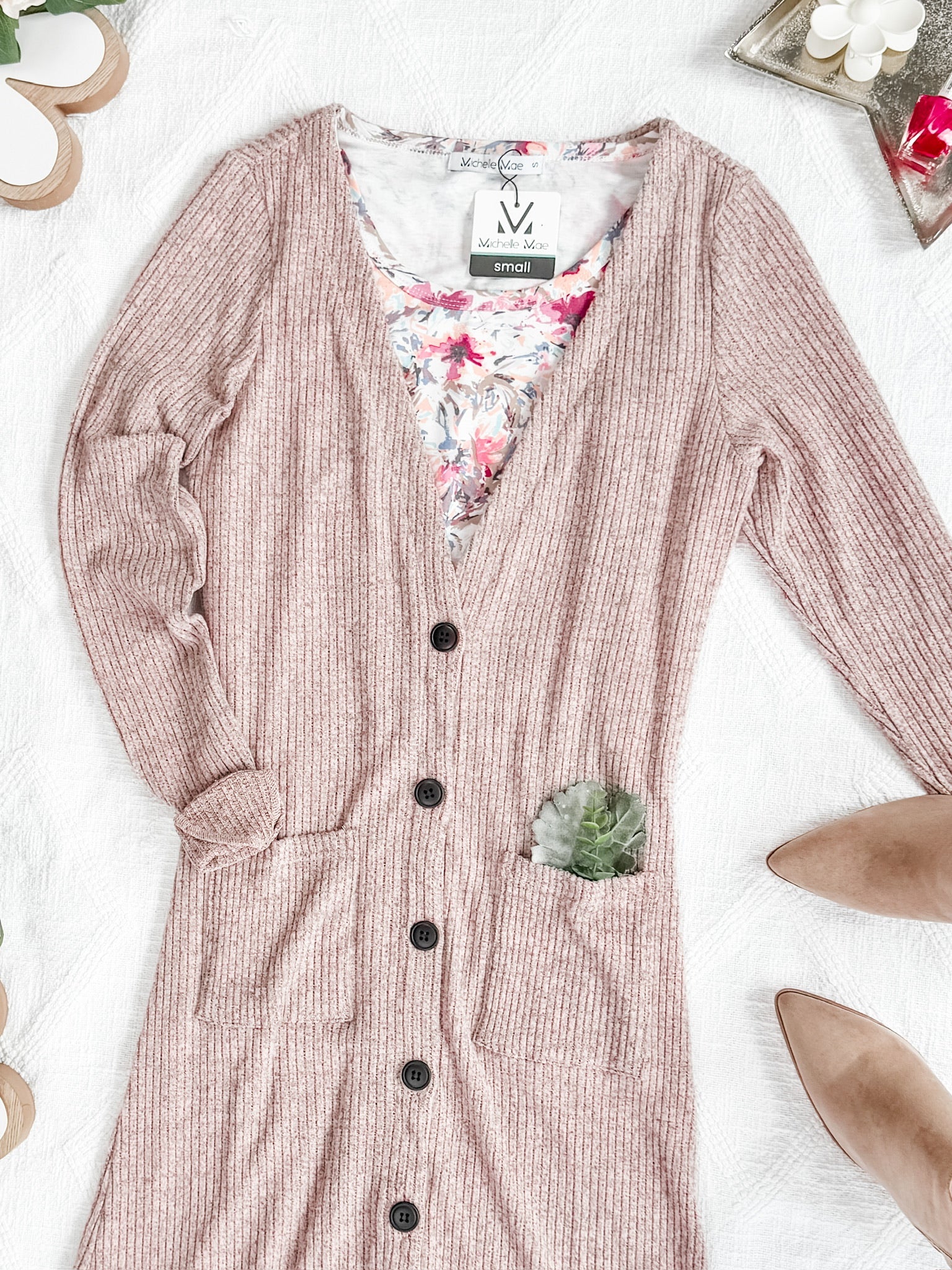 Colbie Ribbed Cardigan - Neutral Pink