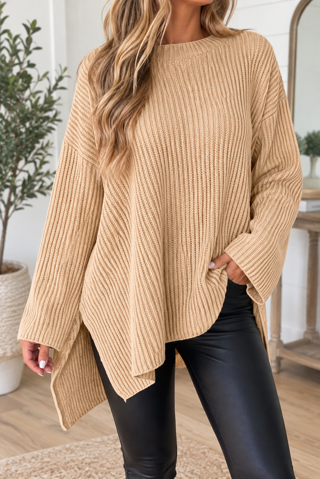 Cable Knit Side Slit Sweater WTW