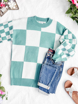 Checkered Pullover Sweater - Dusty Jade