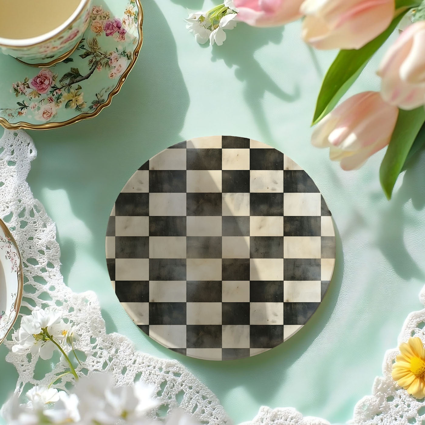 Small check pattern ceramic coaster with cork protection
Vintage floral overlay on checkered pattern luxury coaster
Courtly check coasters styled with eucalyptus and pampas grass