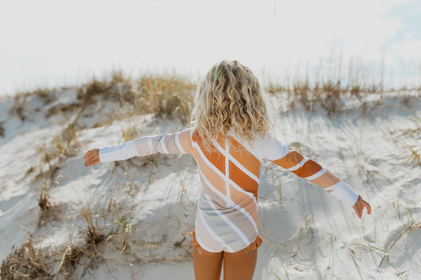 Beige Stripe Rainbow Zip Rash Guard Swimsuit