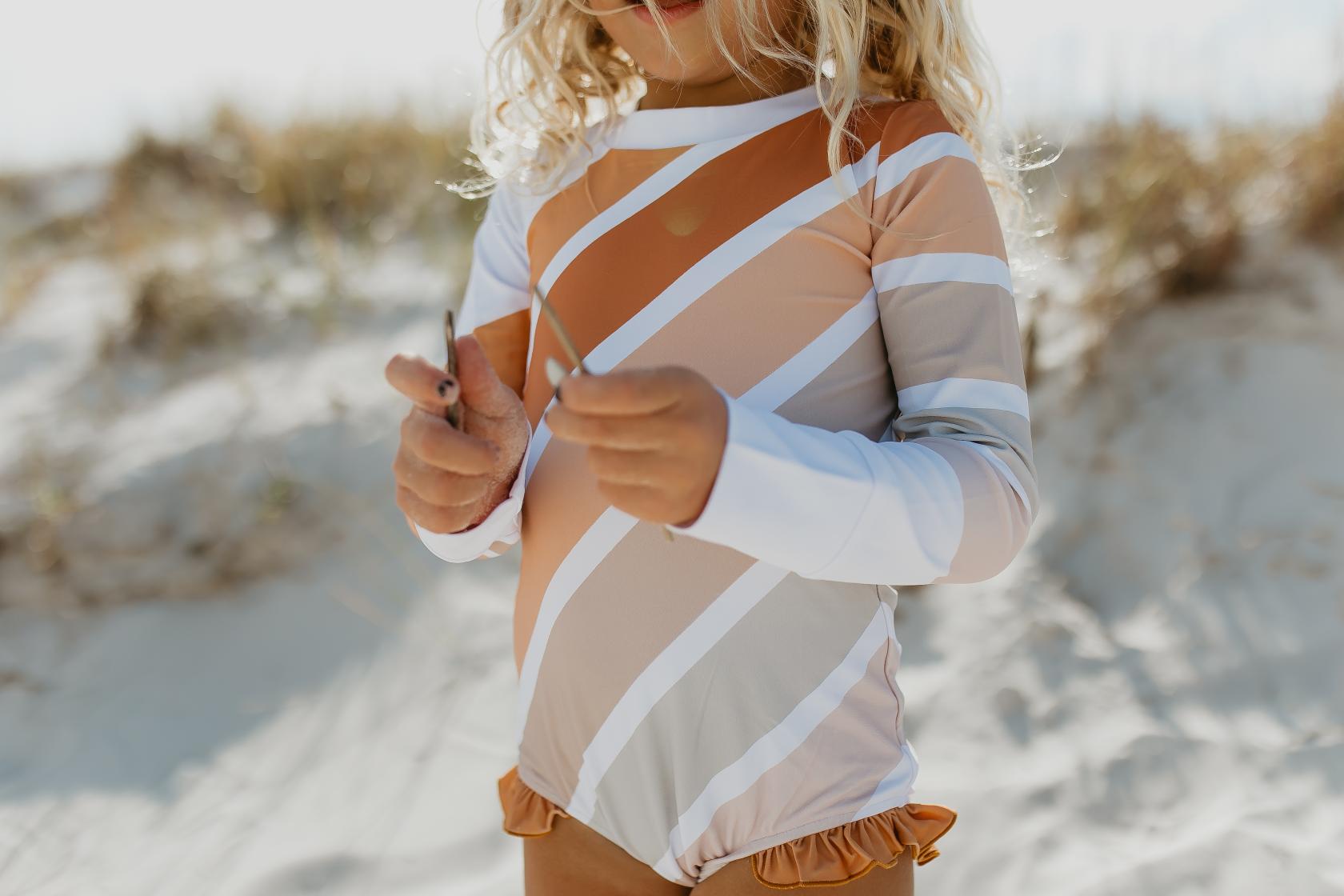 Beige Stripe Rainbow Zip Rash Guard Swimsuit