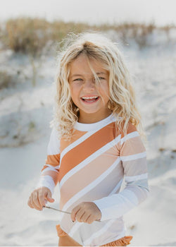 Beige Stripe Rainbow Zip Rash Guard Swimsuit